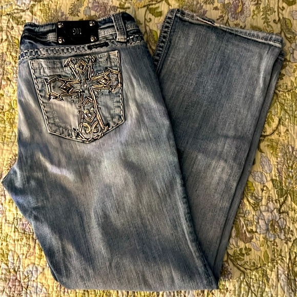 MISS ME 👖 VINTAGE DISTRESSED RIPPED LEATHER CROSS BOOTCUT JEANS Women’s 36 L32 - Picture 3 of 12